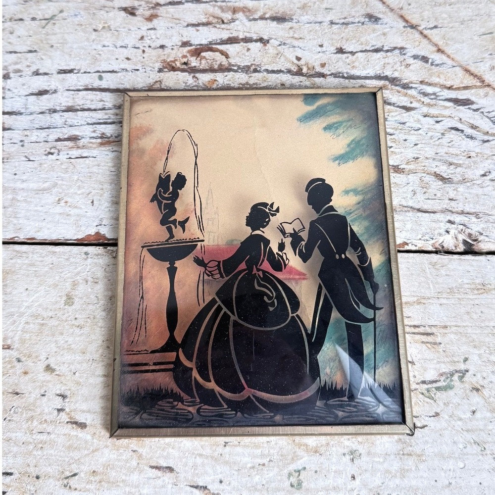 Vintage Reverse Painted Glass Victorian Couple Fountain Silhouette Art